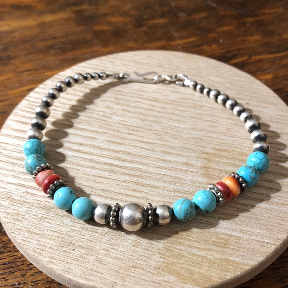 Jewelry - Authentic Turquoise and Coral Sterling Silver Indian pearl bracelet